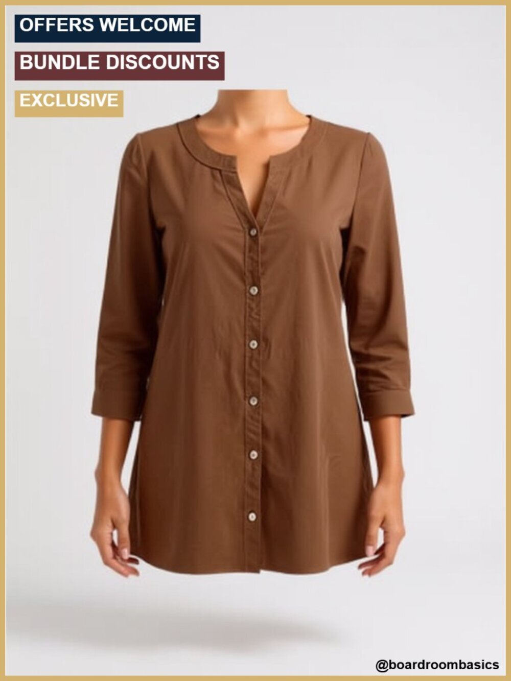 Cotton Linen V-Neck Button Down Blouse 3/4 Sleeve Loose Fit